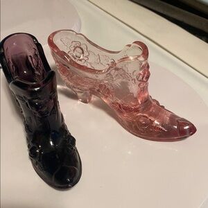 FENTON Vintage Cabbage Rose Amethyst Slipper Shoe